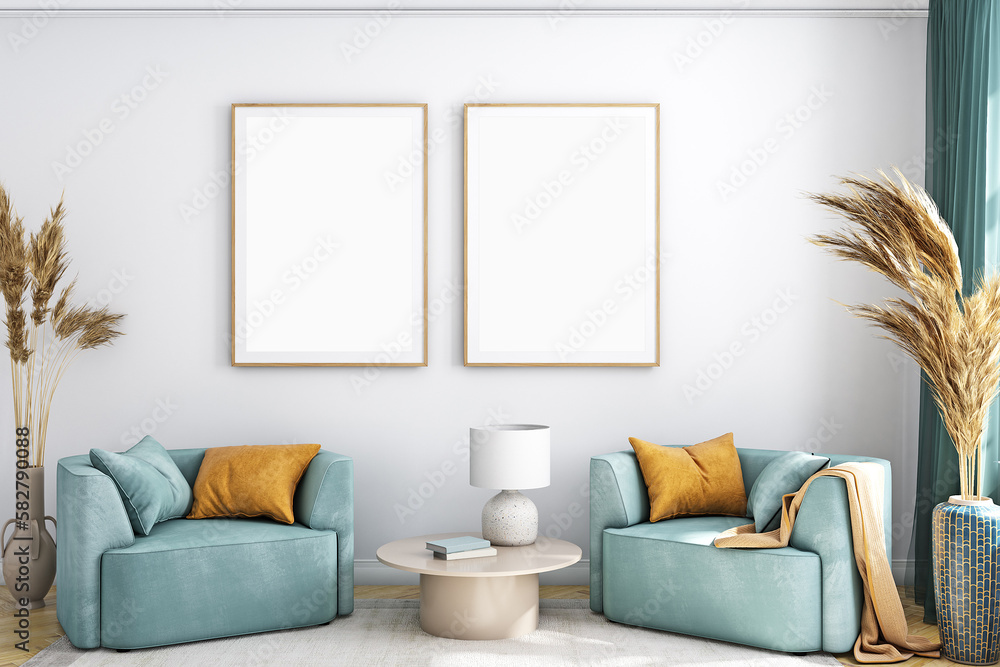 Living room frame mockup, 3d render Living room frame mockup, 3d render