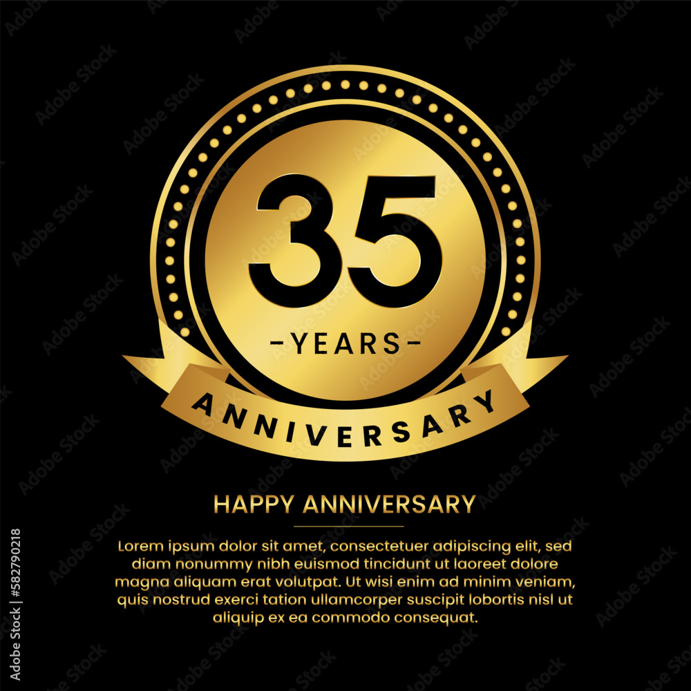 Fototapeta premium 35 years anniversary banner with luxurious golden circles and halftone on a black background and replaceable text speech