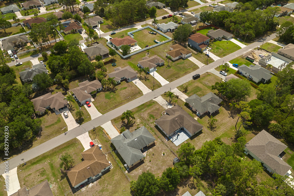 Fototapeta premium Aerial view of small town America suburban landscape with private homes between green palm trees in Florida quiet residential area