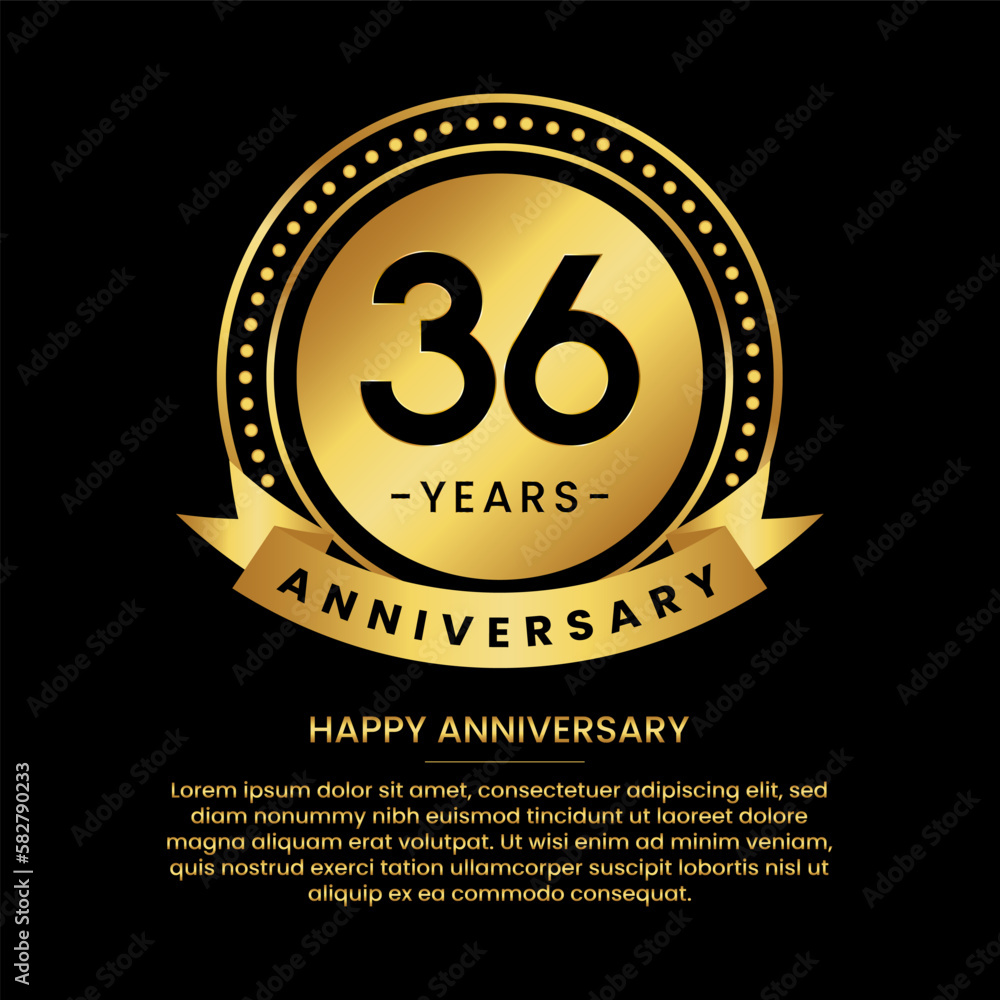 36 years anniversary banner with luxurious golden circles and halftone on a black background and replaceable text speech