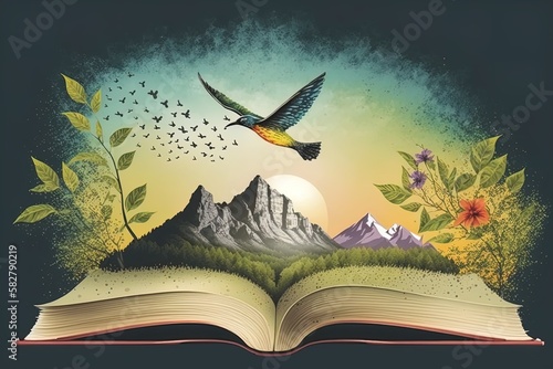 Magic Open book with whole world inside concept. Paper art mointains, forest trees with birds at open book pages. photo