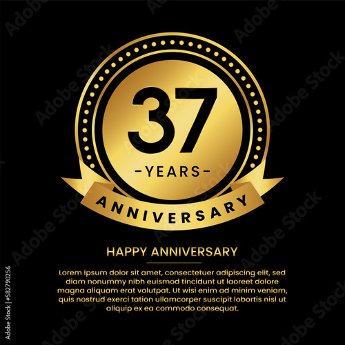 37 years anniversary banner with luxurious golden circles and halftone on a black background and replaceable text speech