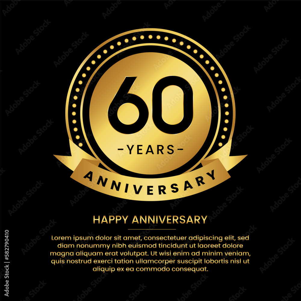 60 years anniversary banner with luxurious golden circles and halftone on a black background and replaceable text speech