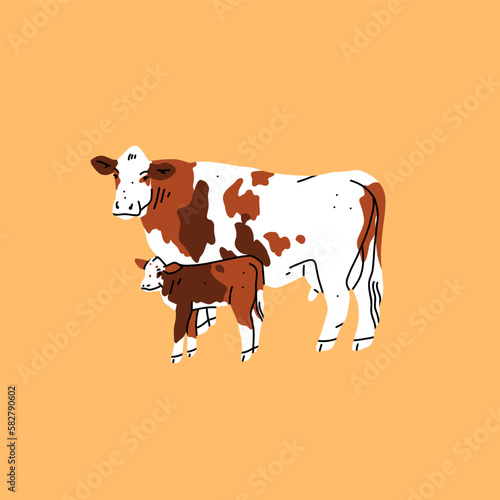 Hand drawn abstract vector clipart illustration collection with brown adorable cute, stylized cow and calf character.Trendy modern design concept.Vector cartoon farm animal symbol. Cartoon cow animal.