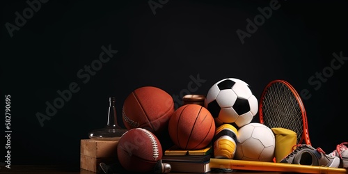 Assorted sports equipment with copy space - generative ai