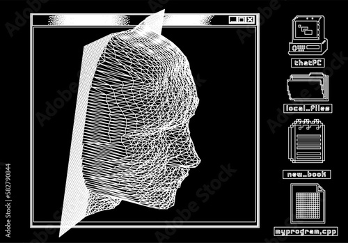 3D human head made of a polygonal mesh. Concept of a facial recognition systems and biometrics.