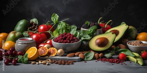Assortment of fruits, vegetables, seeds, superfoods, cereals on a dark gray concrete background with copy space. Top view - generative ai