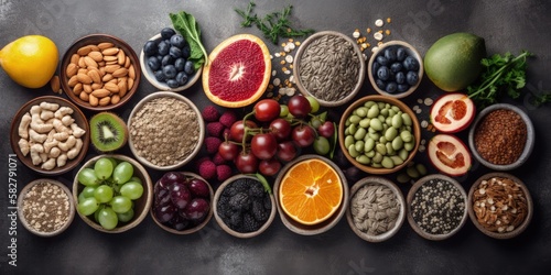 Assortment of fruits  vegetables  seeds  superfoods  cereals on a dark gray concrete background with copy space. Top view - generative ai