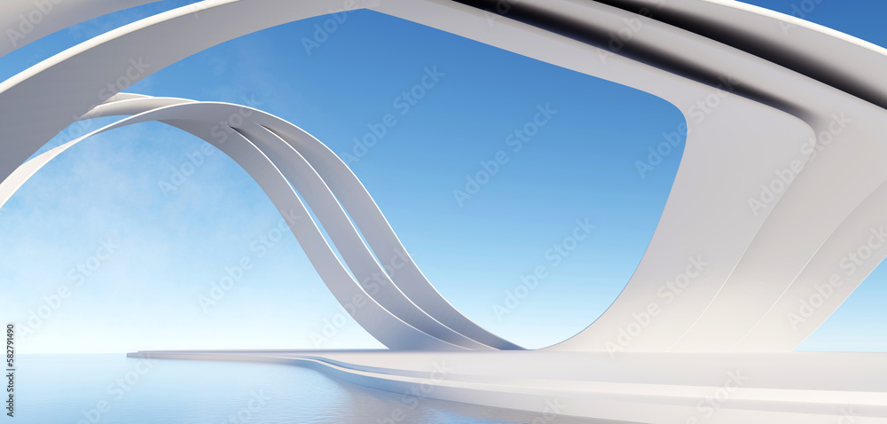 3d render surreal white minimal architecture background with geometric shapes, abstract fantastic design , landmark futuristic panoramic, futuristic scene with copy space, blue sky and cloudy. - obrazy, fototapety, plakaty 