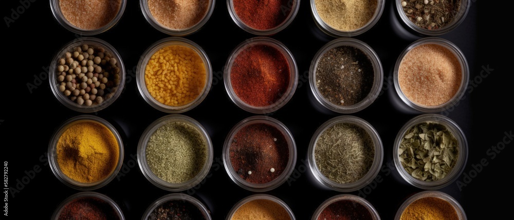 Seasonings herbs and spices in cups top view on a dark background - generative ai Seasonings herbs and spices in cups top view on a dark background - generative ai