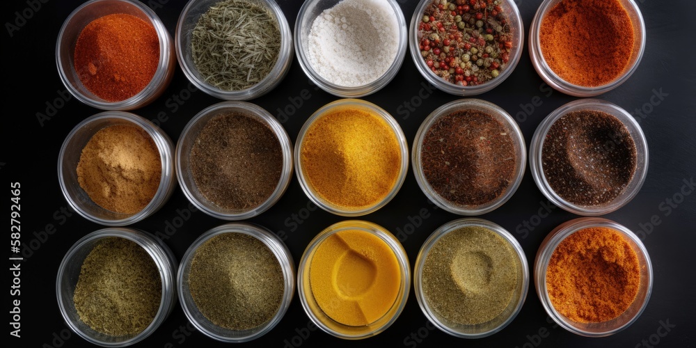 Seasonings herbs and spices in cups top view on a dark background - generative ai Seasonings herbs and spices in cups top view on a dark background - generative ai