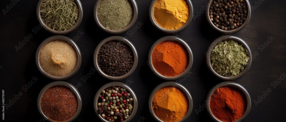 Seasonings herbs and spices in cups top view on a dark background - generative ai Seasonings herbs and spices in cups top view on a dark background - generative ai