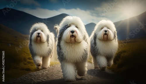 three adorable cute english sheepdog going on adventures. Created with generative AI.