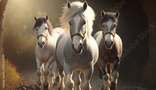three adorable cute horse going on adventures. Created with generative AI.