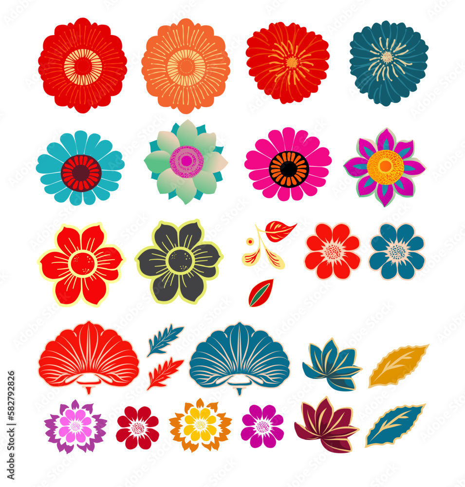 mexican folk flowers, colorful flowers, isolated mexican folk flowers, colorful flowers, isolated