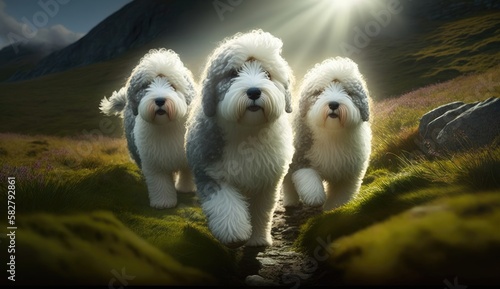 three adorable cute english sheepdog going on adventures. Created with generative AI.