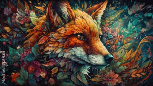 Fox painting in floral ornament illustration