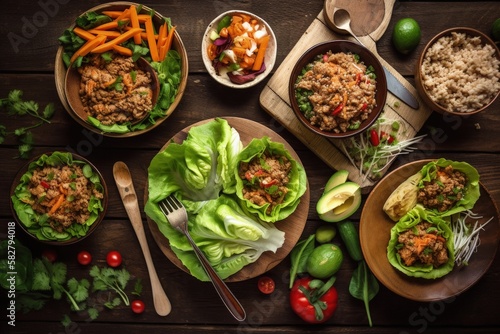 Healthy dinner table with nutritious Buddha bowl  lettuce wraps  vegetables and salads  top view over a wood backdrop - generative ai