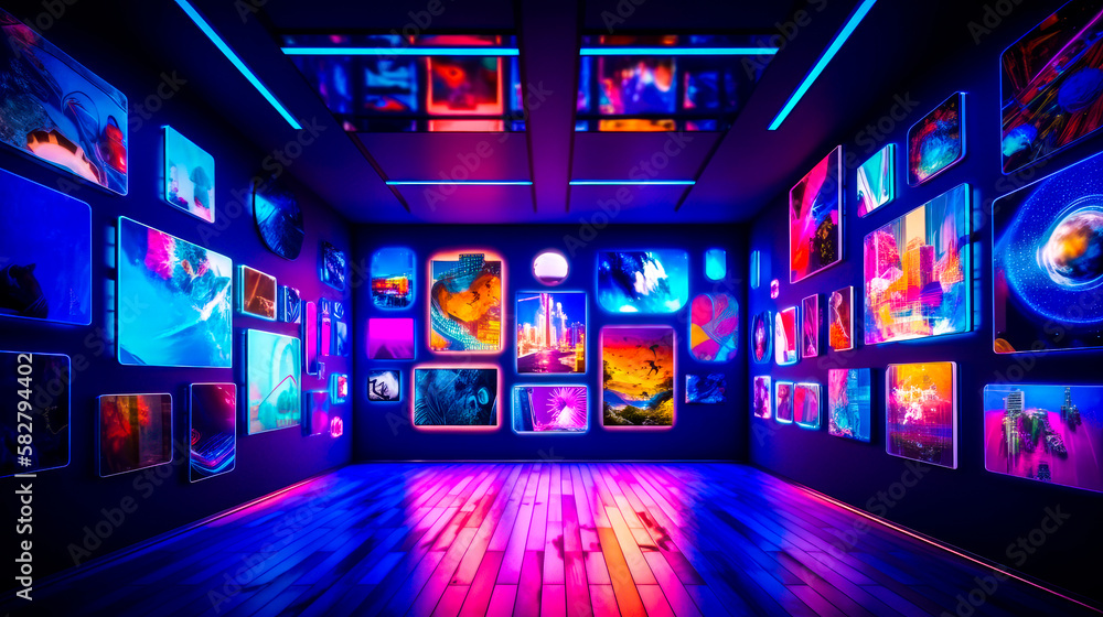 An art gallery with many colorful paintings on the wall. Generative AI. - obrazy, fototapety, plakaty 