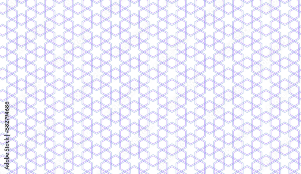 Seamless pattern of neon and purple hexagons and stars.