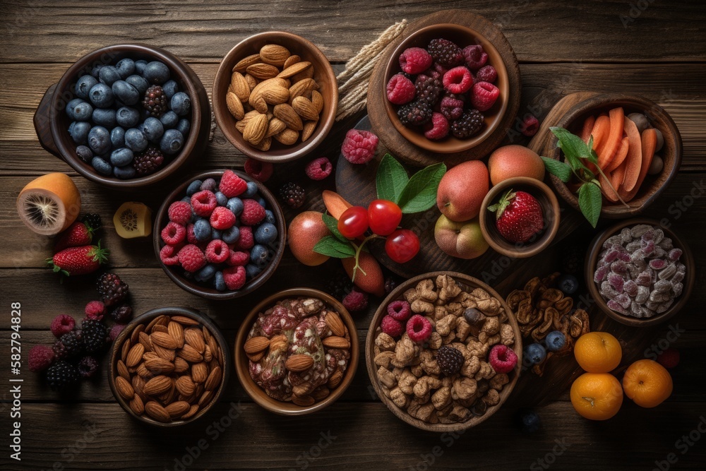 A top view selection of healthy food, superfoods, fruits and seeds - generative ai A top view selection of healthy food, superfoods, fruits and seeds - generative ai