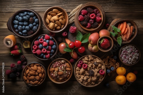 A top view selection of healthy food, superfoods, fruits and seeds - generative ai 