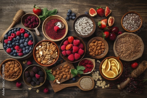 A top view selection of healthy food  superfoods  fruits and seeds - generative ai 