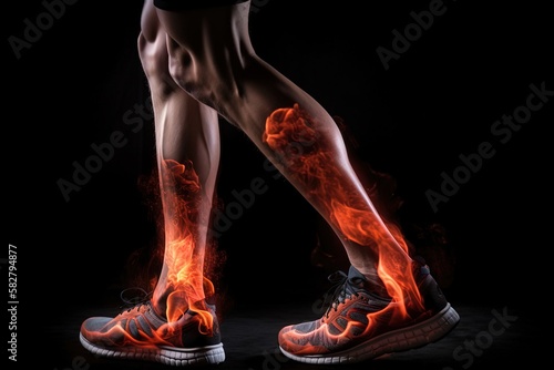 Fire and Power, Side view of a jogger legs with isolated on a black background. Sports and fitness concept - generative ai