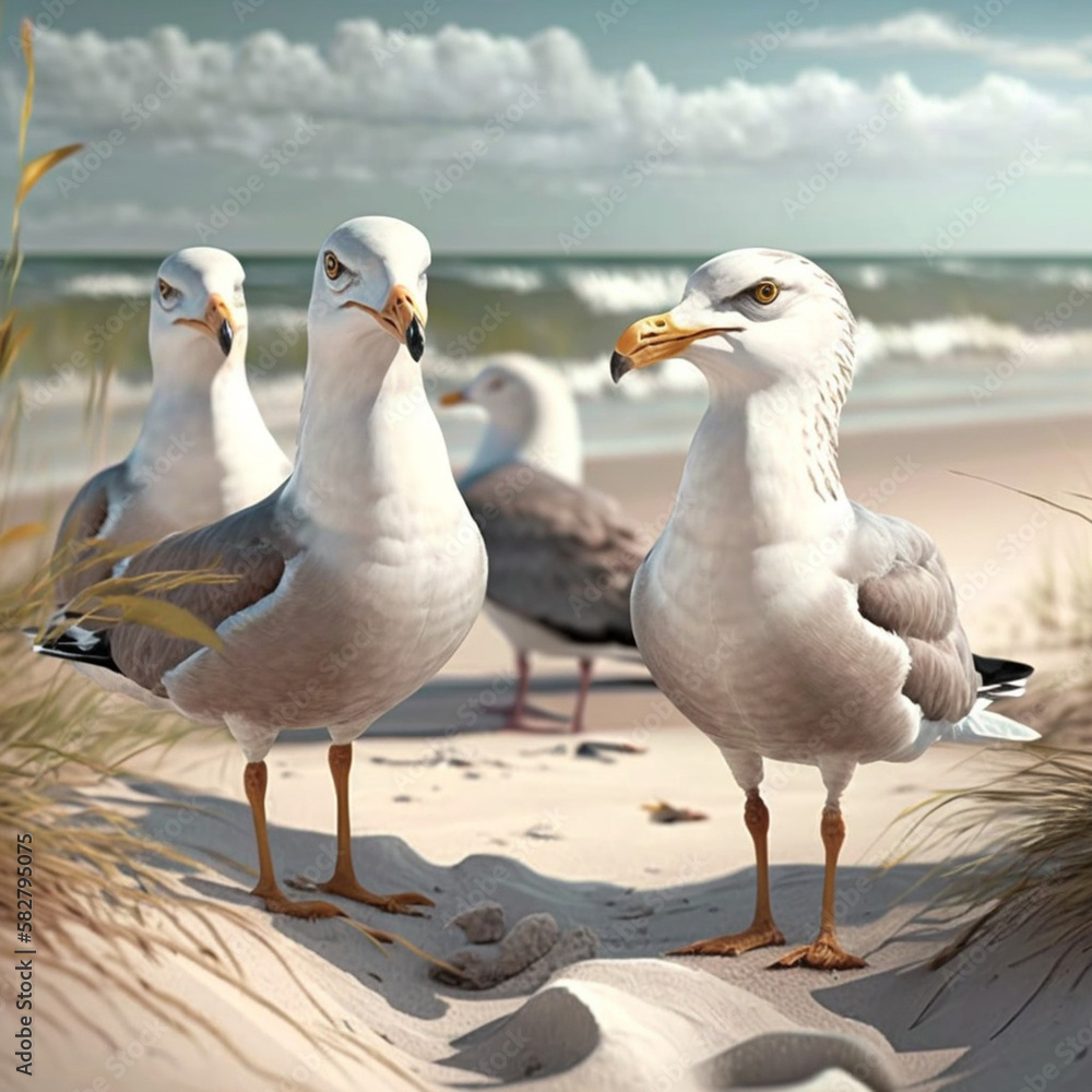Seagulls on the beach. Generative AI. Seagulls on the beach. Generative AI.