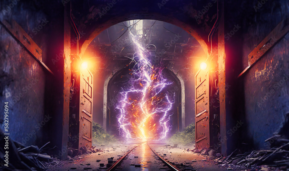 A high-energy and electrifying tunnel with bolts of lightning and electric sparks A high-energy and electrifying tunnel with bolts of lightning and electric sparks