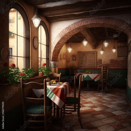 Interior of an Italian restaurant. Generative AI. © DALU11