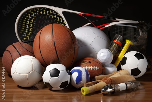 Assorted sports equipment with copy space - generative ai