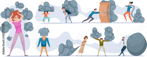 Burdened life. Stressful problems overload life problems difficulty carries work exact vector concept illustrations