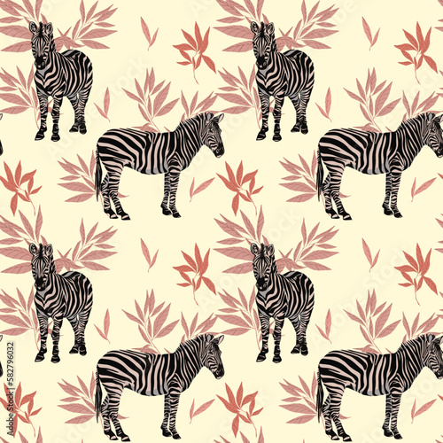 vector seamless texture  image of zebra in palm leaves  summer print on fabric  african exotic. Exotic jungle wallpaper.