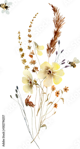 Wildflowers  herbs boho bouquet painted in watercolor. Subtle  delicate  wild flowers. Dried pampas grass floral design. Botanical boho elements isolated on white. Wedding invitation  greeting card