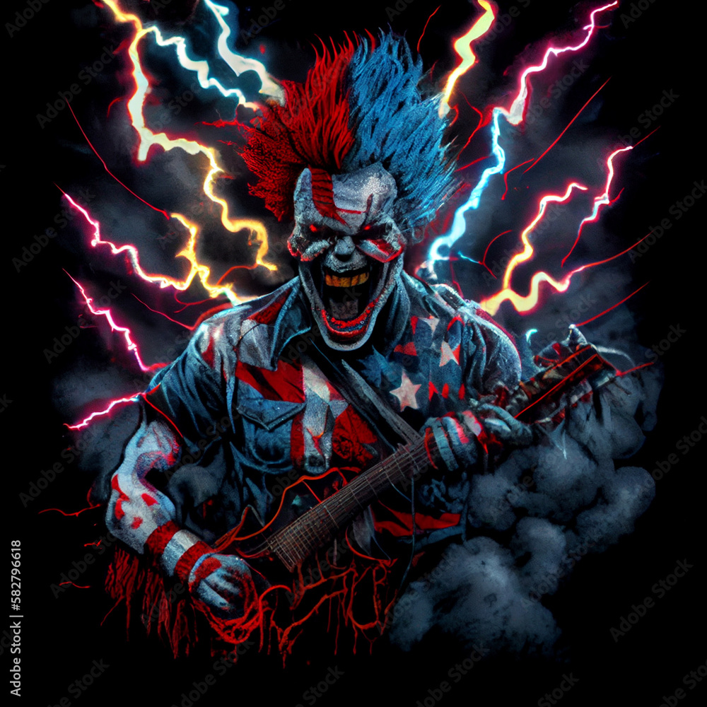 Sinister clown with guitar. Rock concert. AI generative. Sinister clown with guitar. Rock concert. AI generative.