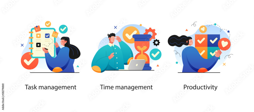 Digital Marketing illustrations. Collection of scenes with men and women taking part in business activities. Trendy vector style - obrazy, fototapety, plakaty 
