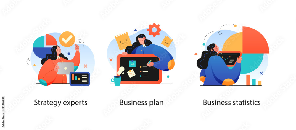 Digital Marketing illustrations. Collection of scenes with men and women taking part in business activities. Trendy vector style - obrazy, fototapety, plakaty 
