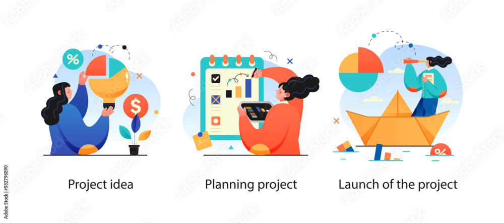 Digital Marketing illustrations. Collection of scenes with men and women taking part in business activities. Trendy vector style