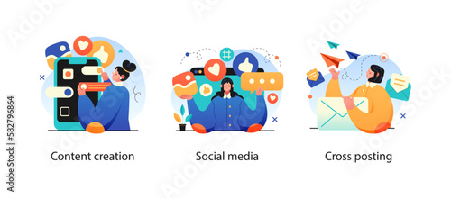Digital Marketing illustrations. Collection of scenes with men and women taking part in business activities. Trendy vector style