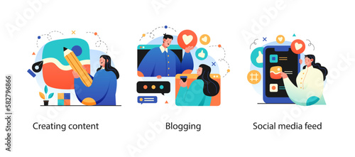 Digital Marketing illustrations. Collection of scenes with men and women taking part in business activities. Trendy vector style