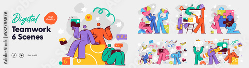 Business Teamwork illustrations. Mega set. Collection of scenes with men and women taking part in business activities. Trendy style