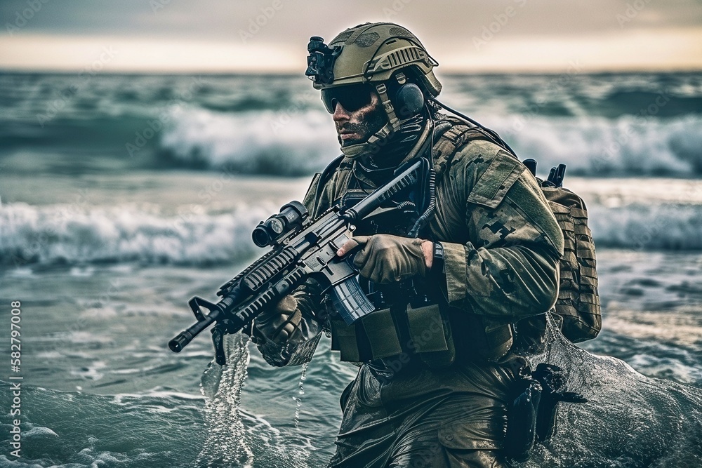 Navy SEAL Emerges from Ocean with AR15 at Night 素材庫插圖 Adobe Stock