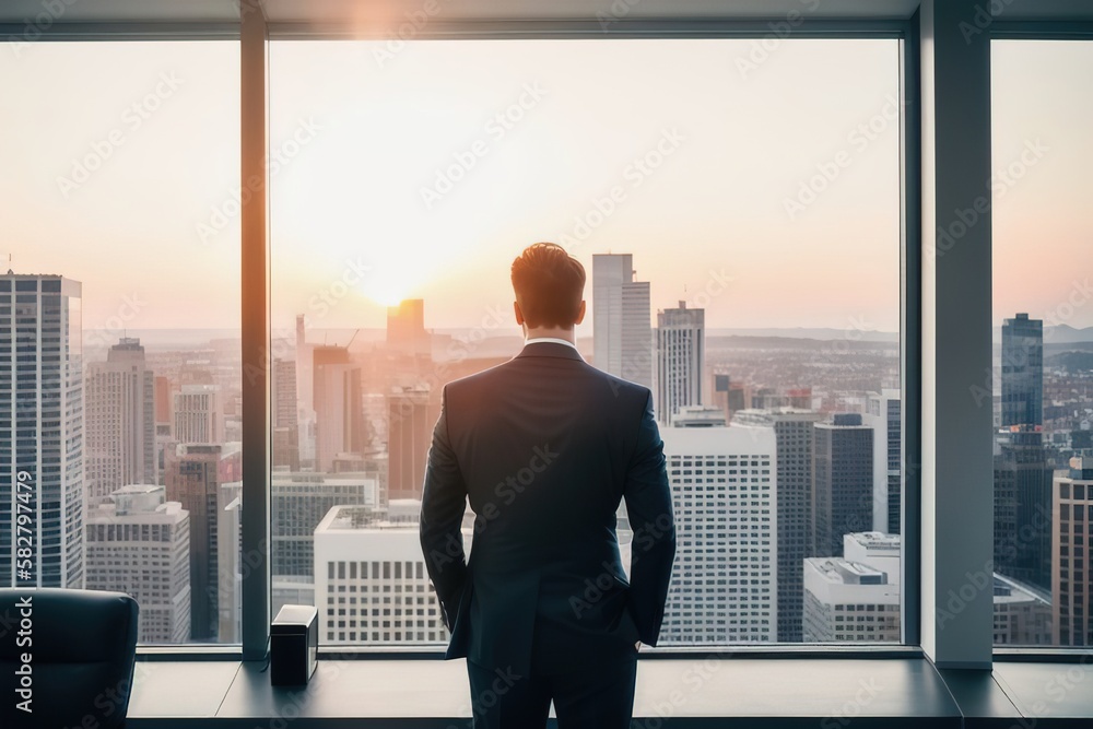 A businessman in a suit stands at panoramic windows, looks at the city from skyscrapers, a view from the back, an unrecognizable face, AI generative. A businessman in a suit stands at panoramic windows, looks at the city from skyscrapers, a view from the back, an unrecognizable face, AI generative.