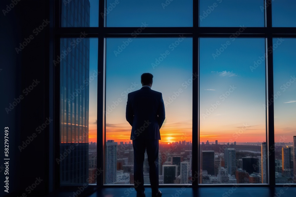 Fototapeta premium A businessman in a suit stands at panoramic windows, looks at the city from skyscrapers, a view from the back, an unrecognizable face, AI generative.