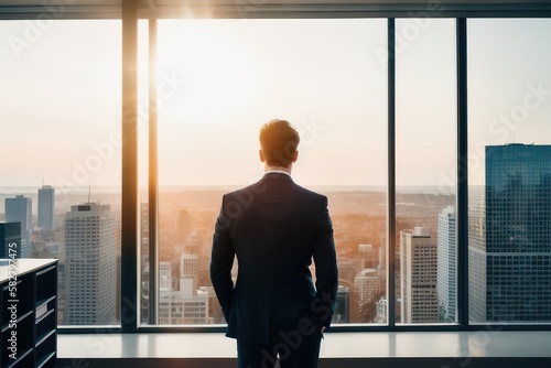 A businessman in a suit stands at panoramic windows, looks at the city from skyscrapers, a view from the back, an unrecognizable face, AI generative.