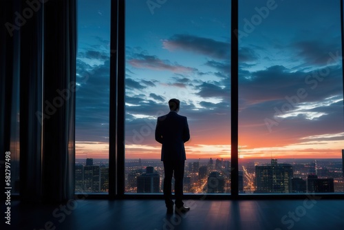 A businessman in a suit stands at panoramic windows, looks at the city from skyscrapers, a view from the back, an unrecognizable face, AI generative. © Mountains Hunter
