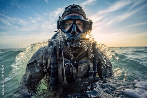 Cutting-edge Navy SEAL emerging from the ocean in tactical gear - Generative AI