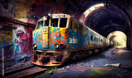 An old, rusty train tunnel covered in graffiti