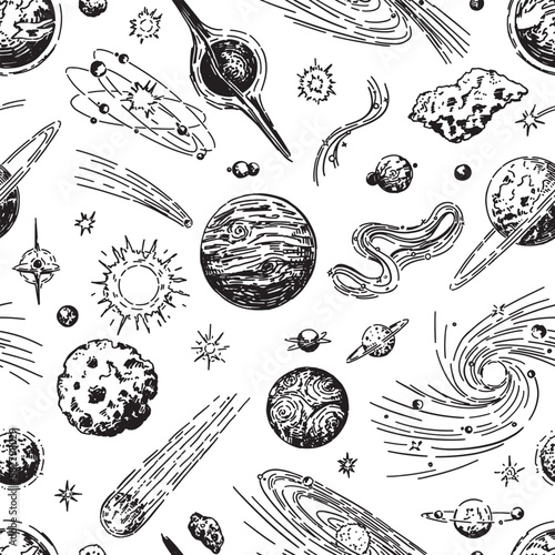 Cosmic space seamless pattern. Abstract ornament of planets, stars, comets, asteroids, galaxies. Hand drawn vector astronomy illustrations.